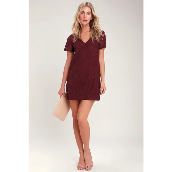 Lulus Bancroft Burgundy Lace Short Sleeve Shift Dress - Picture 1 of 9